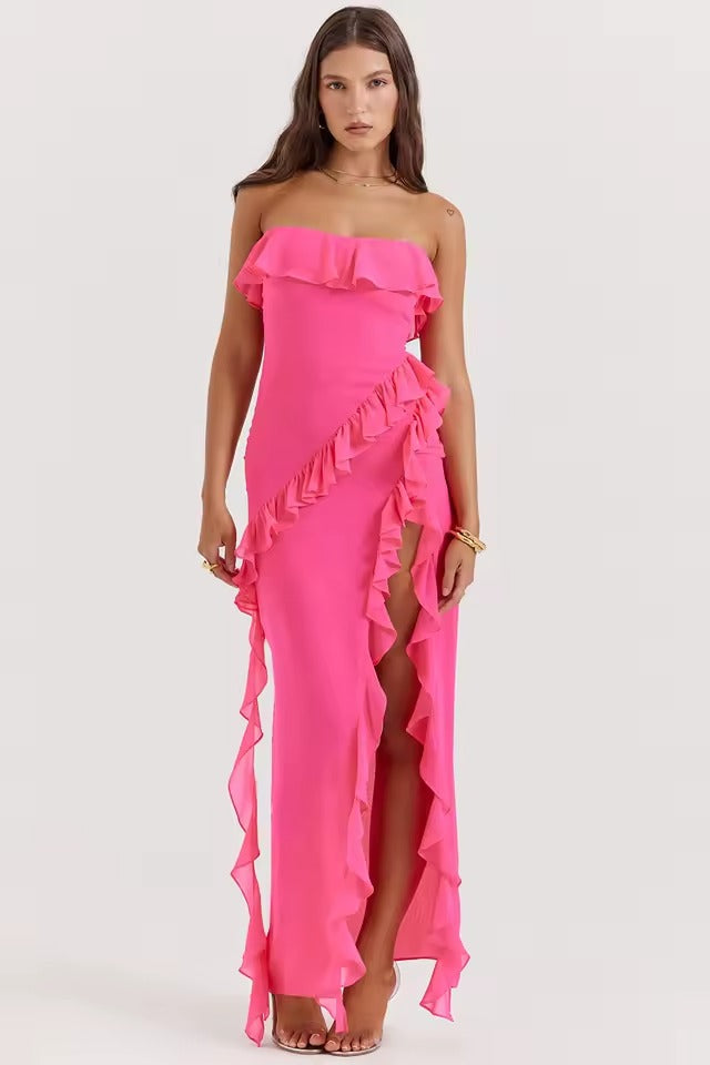 Raquel - Vestido Largo Palabra Honor con Volantes