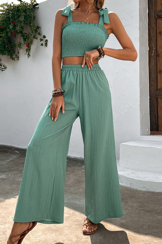 Vania - Conjunto de top fruncido y pantalón