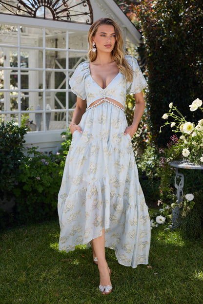 Lisa Romance | Vestido Largo Elegante con Mangas Azul Cielo