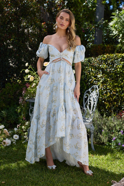 Lisa Romance | Vestido Largo Elegante con Mangas Azul Cielo