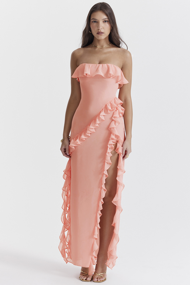 Raquel - Vestido Largo Palabra Honor con Volantes
