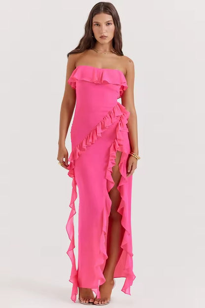 Raquel - Vestido Largo Palabra Honor con Volantes