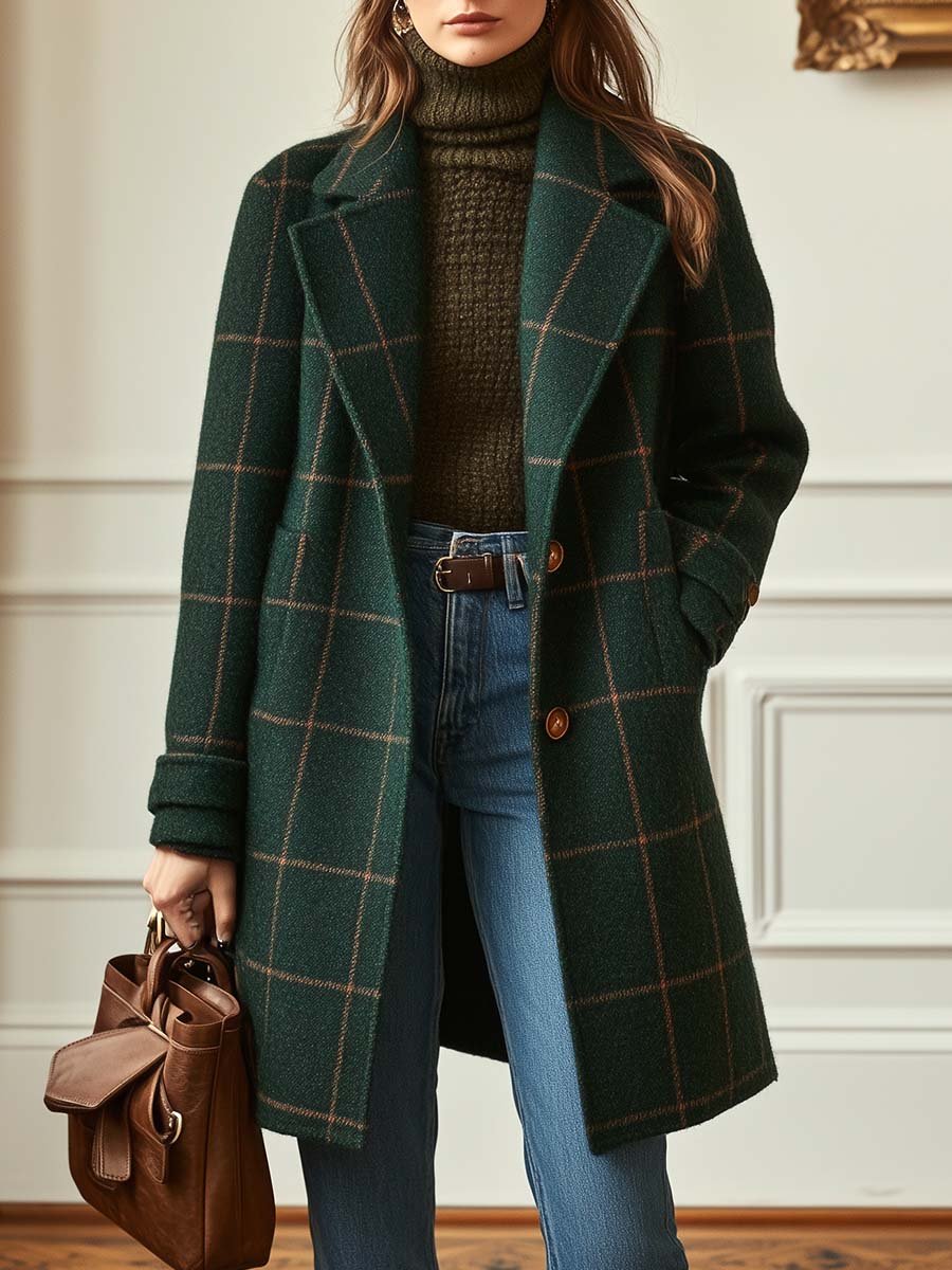 Laurina | Dames Retro Revers Ruit Tweed Jas