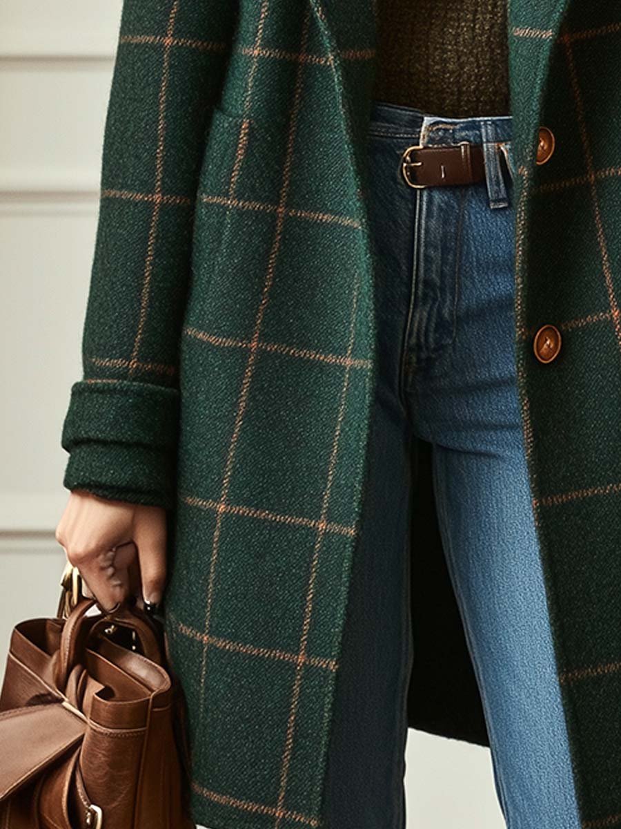 Laurina | Dames Retro Revers Ruit Tweed Jas