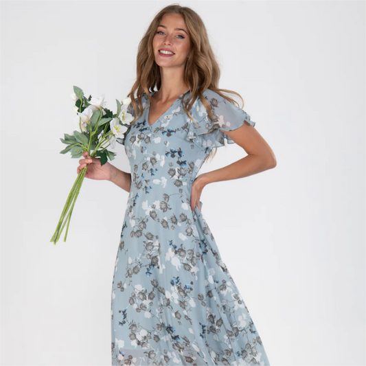 Graciela - Vestido largo de manga corta con estampado floral