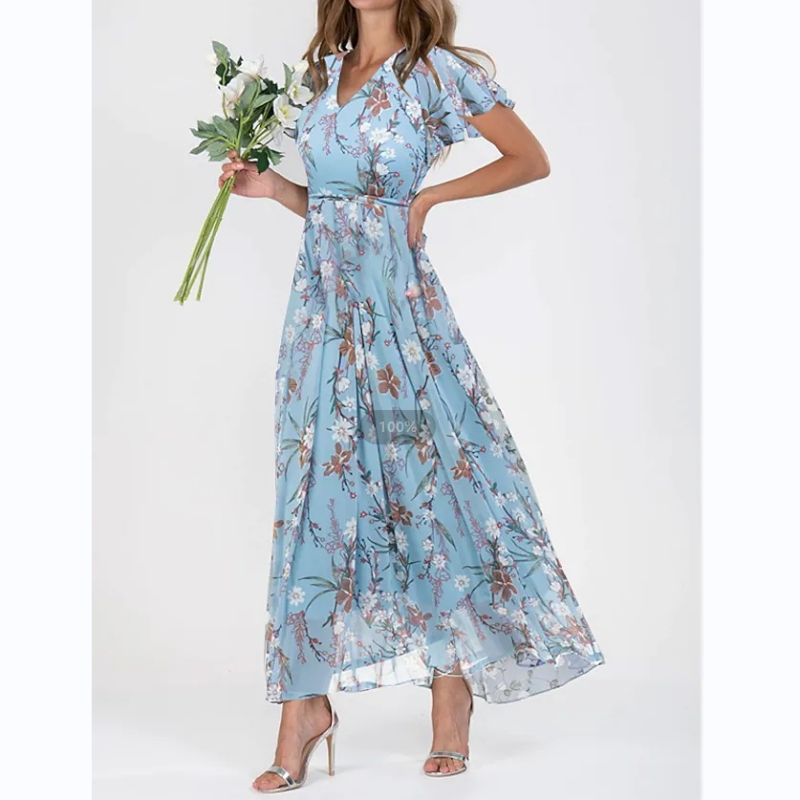 Graciela - Vestido largo de manga corta con estampado floral